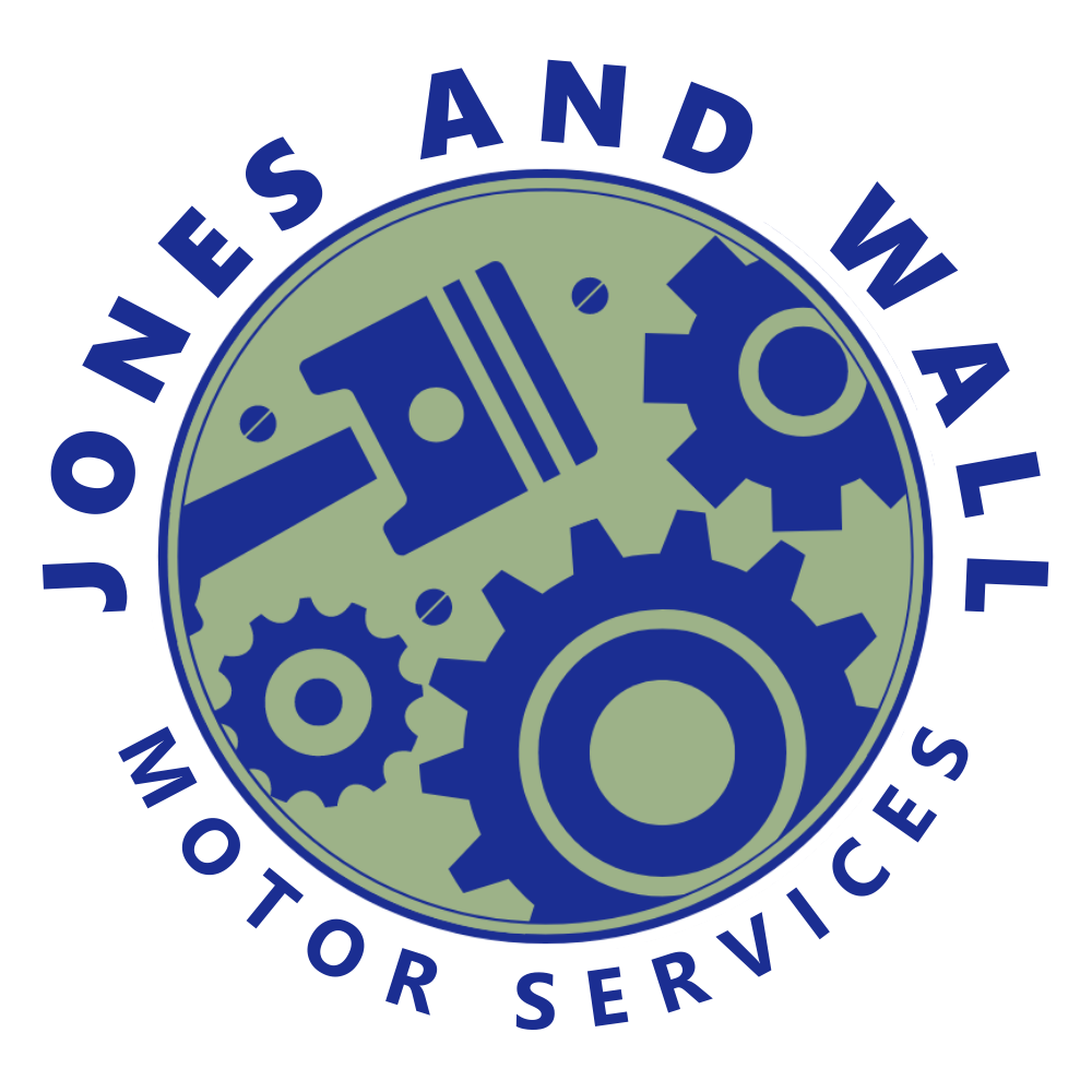 Full colour logo for Jones and Wall Motor Services Ltd - Green Circle with Blue Piston and Cogs, Name of business curved around the outside of the circle image